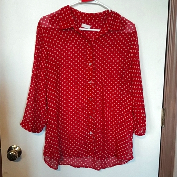 Chico's, Size L ladies semi sheer, red  with white dots blouse - Picture 2 of 9